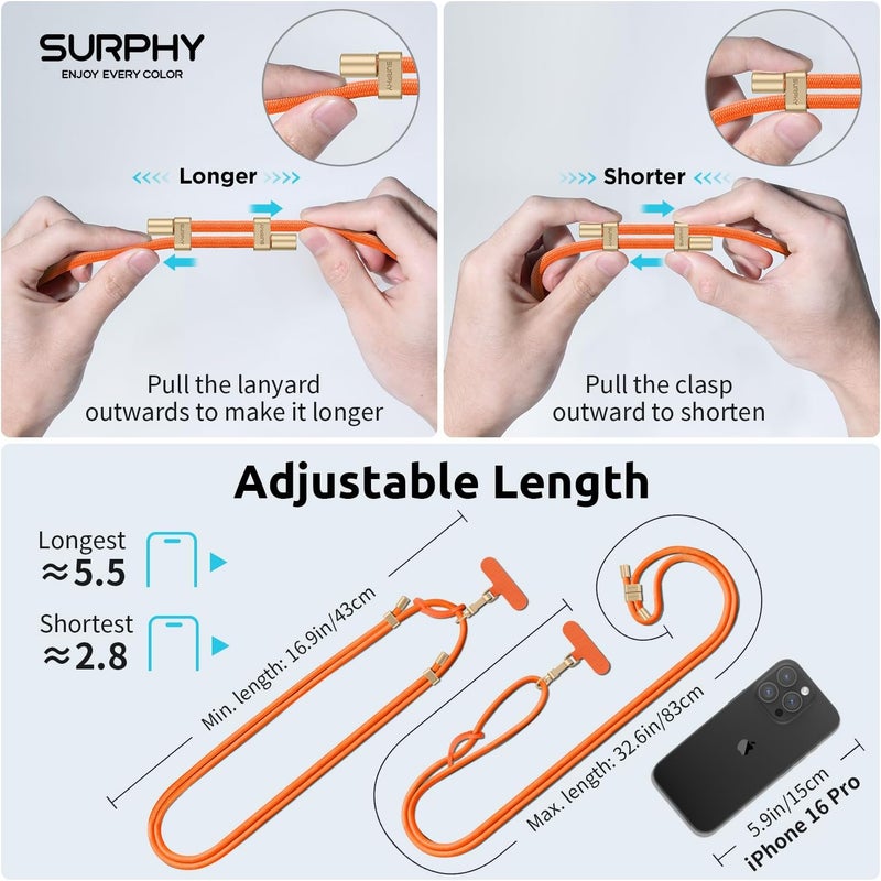 SURPHY Phone Lanyard, Adjustable Phone Strap Crossbody with 2 Pack Cell Phone Tether Tab, Premium Metal Buckles, Skin-Friendly, Universal Cell Phone Lanyard Crossbody for Women and Men, Orange - Image 3